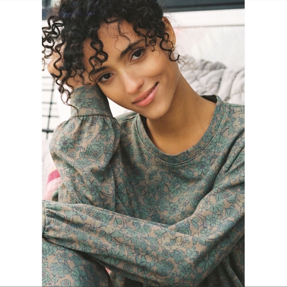 Anthropologie Sundry Floral Sweatshirt Moss Green